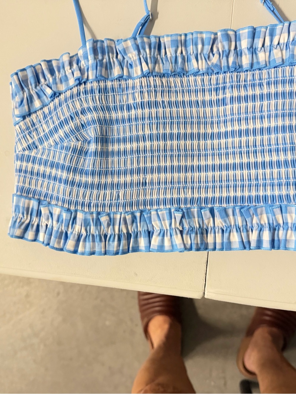 Blue and White Smocked Ruffle Crop Top medium girls new with tags